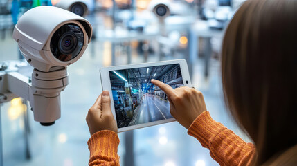 Person Monitoring Security Footage on Tablet in Modern Surveillance Room with Security Camera, Technology Concept