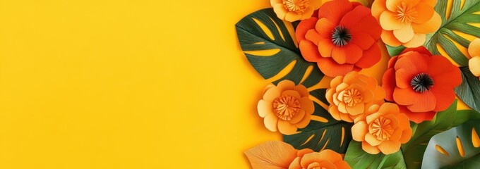 Vibrant paper flowers in orange and yellow against a bright background, showcasing creativity.