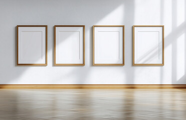 A minimalist gallery wall featuring four blank picture frames with golden borders, set against a white wall. Sunlight and shadows play on the wooden floor, creating a serene and elegant atmosphere.