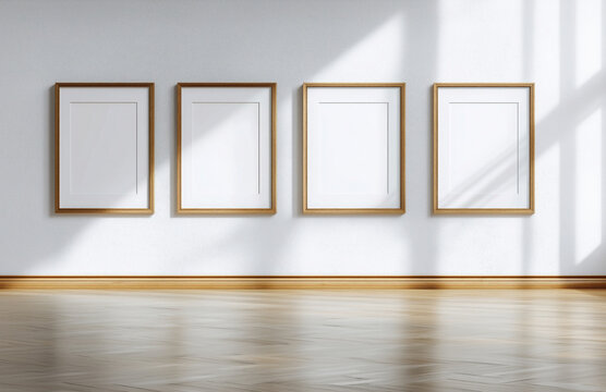A minimalist gallery wall featuring four blank picture frames with golden borders, set against a white wall. Sunlight and shadows play on the wooden floor, creating a serene and elegant atmosphere.