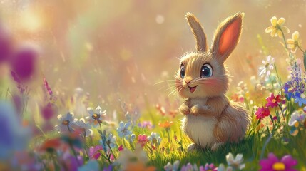 Cute animated rabbit in a colorful flower field