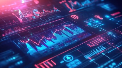 Obraz premium A digital interface displaying financial data and analytics with graphs and charts.