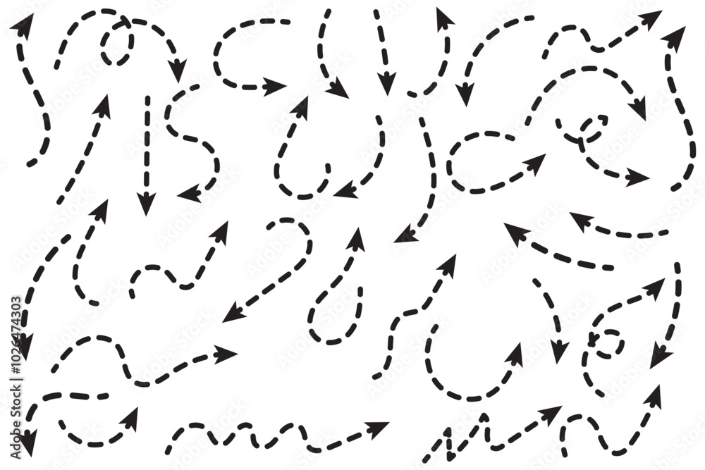 Poster black dotted arrows set. wavy and curved dashed arrow collection. doodle sketched thin pointers and 