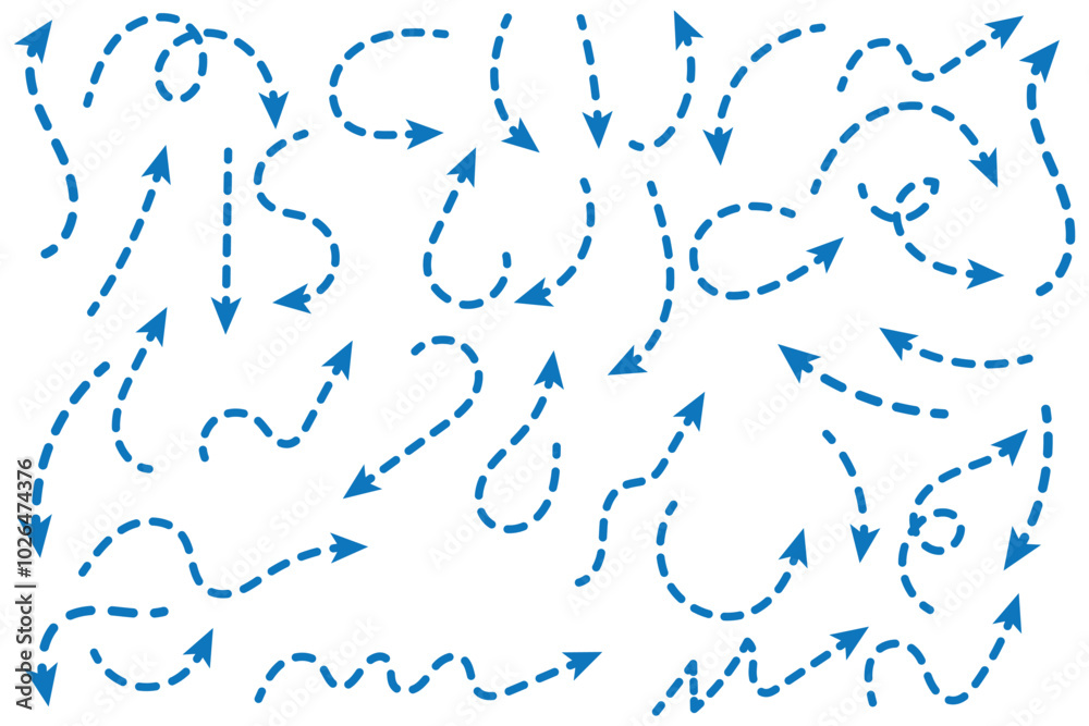 Poster black dotted arrows set. wavy and curved dashed arrow collection. doodle sketched thin pointers and 