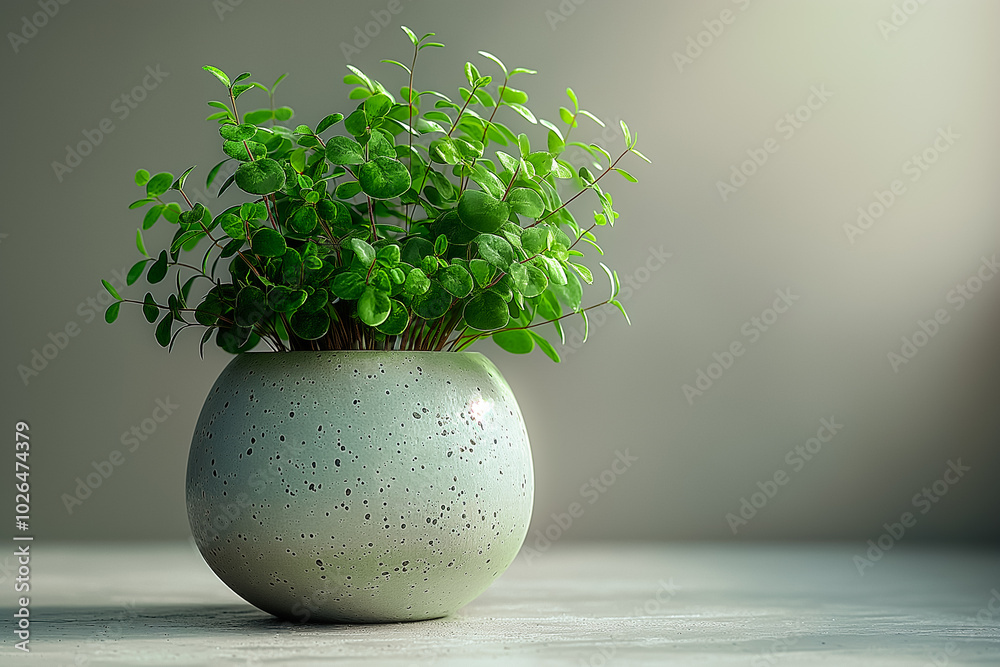 Poster A vibrant, lush plant rises from a sleek, round concrete pot, adding a touch of nature to a minimalistic setting with soft natural light illuminating the scene