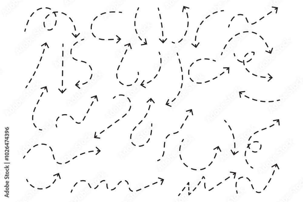 Poster black dotted arrows set. wavy and curved dashed arrow collection. doodle sketched thin pointers and 