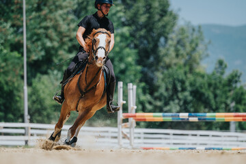 Man engaged in horseback riding during an equestrian training session outdoors on a sunny day.