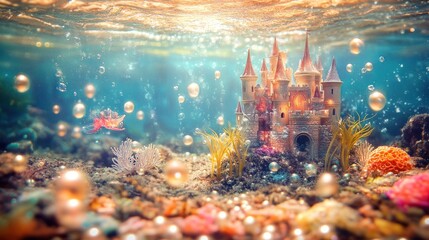 Fototapeta premium An enchanting underwater scene featuring a castle, pearls, and colorful corals.