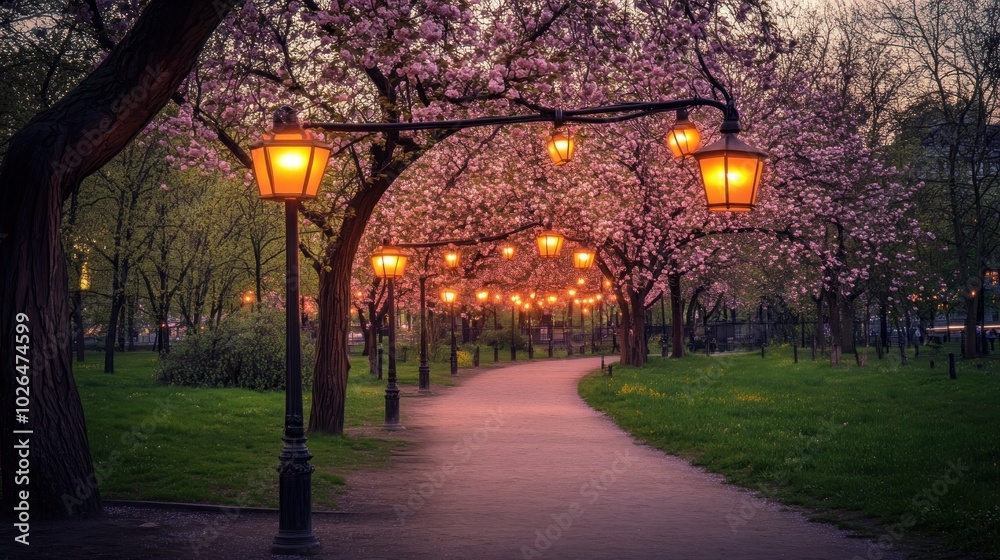 Canvas Prints A serene park pathway lined with blooming trees and glowing lanterns at dusk.