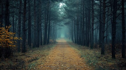 Fototapeta premium Mystical Forest Path Through Foggy Pine Trees
