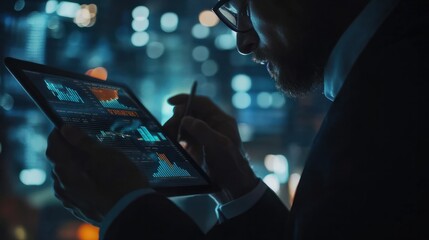 A businessman analyzing financial data on a digital tablet with overlay of charts and graphs, representing modern business analytics..
