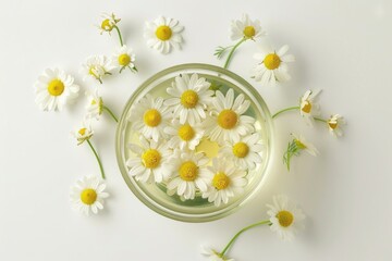 A bowl filled with water and lots of white flowers