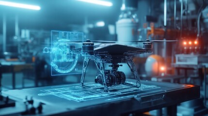 A digital rendering of an drone in production facility with holographic blueprints overlaying the complex machinery, showcasing energy technology innovation in virtual reality