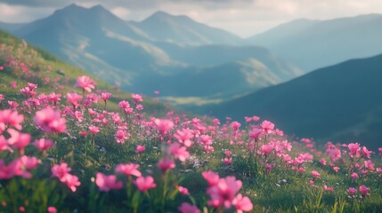 Obraz premium Field of pink flowers with majestic mountains in the background, ideal for travel or landscape images