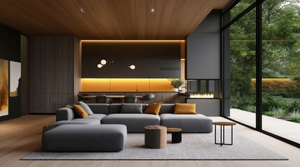 Fototapeta premium Modern living room interior with large windows, gray sofa, wooden ceiling, and stylish lighting. Features open kitchen, cozy fireplace, and outdoor garden view.