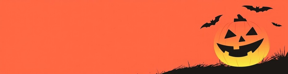 A spooky Halloween scene featuring a carved pumpkin and bats against an orange background.
