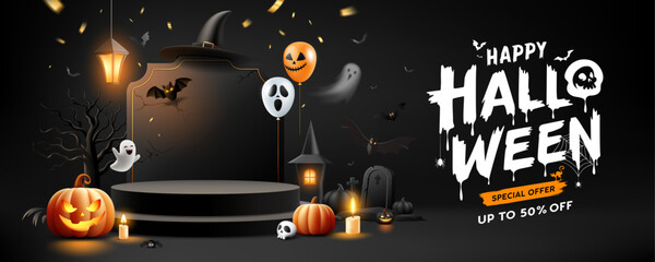Happy Halloween sale black podium, bright lamp, pumpkin, bat flying, balloon, banner design on sign black background, Eps 10 vector illustration
