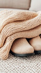Cozy knitted blanket draped over soft slippers, creating a warm and inviting atmosphere in a comfortable living space.