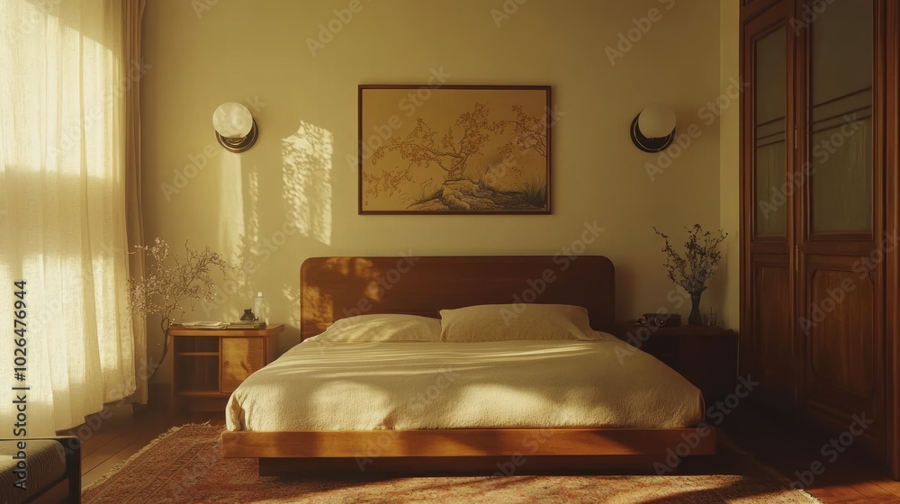 Poster A serene bedroom with wooden furnishings, soft lighting, and a calming atmosphere.