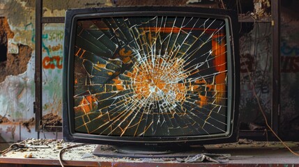 Realistic image of a cracked monitor displaying damage patterns with glitch effects and textures