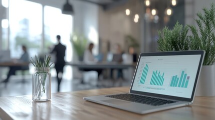 A dynamic office meeting room scene with blurred people engaged in discussion, and a laptop displaying graphs and charts on a wooden table in a modern, creative work space.