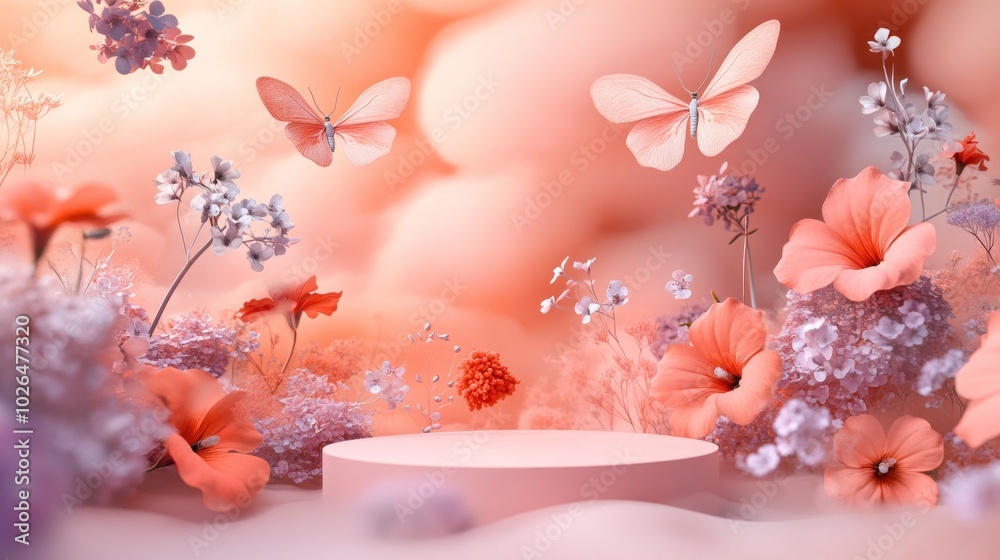 Poster A serene floral scene with butterflies and a circular platform, evoking tranquility and beauty.