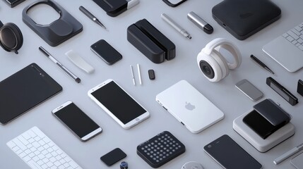 A flat lay of various tech devices and accessories. - Powered by Adobe