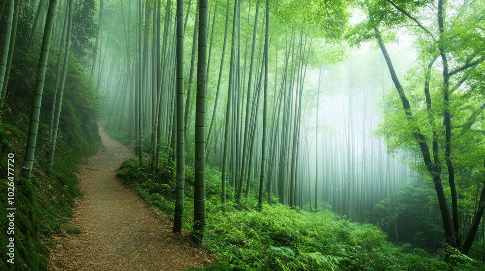 Wall mural A serene bamboo forest path shrouded in mist, inviting exploration and tranquility.