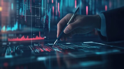 A professional hand holding a pen, signing documents with digital graphs and data overlays in a business environment.