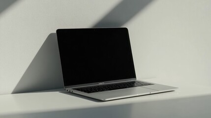 A sleek laptop computer rests on a crisp white desk, ready for productivity and inspiration to flow. Mockup for design. Isolated.