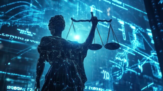 A digital rendering of the Statue of Justice, a symbol of law and justice, standing in front of a digital background.