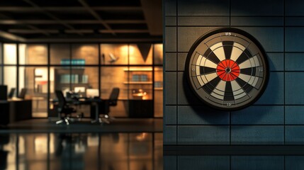 A target with darts hitting the bullseye, overlaying a corporate office setting, symbolizing strategic goals, business strategy, dynamic and dramatic compositions, with copy space