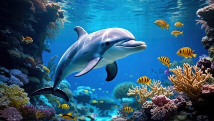 A dolphin swims gracefully among colorful coral and fish in a vibrant underwater scene.