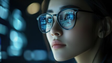 A woman in glasses examining digital interfaces with data overlaying her face banner. UX coding, big data analytics, artificial intelligence, technology, and innovation in high-tech environment