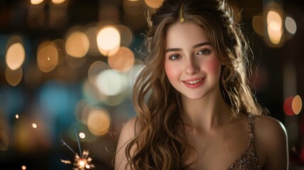 Fototapeta premium A woman holding sparklers and smiling against a backdrop of warm, festive lights, capturing the joy and excitement of a celebration, radiating warmth and happiness.