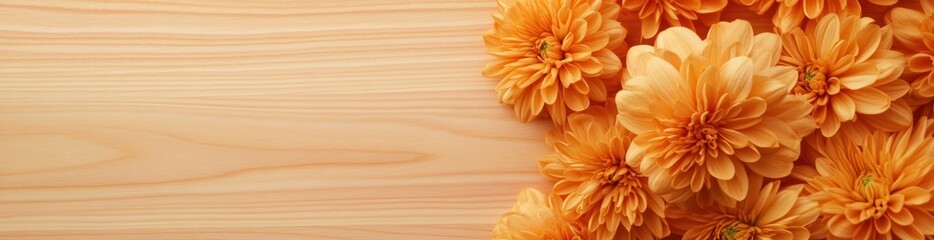 A close-up of orange flowers on a wooden surface, creating a warm, inviting atmosphere.