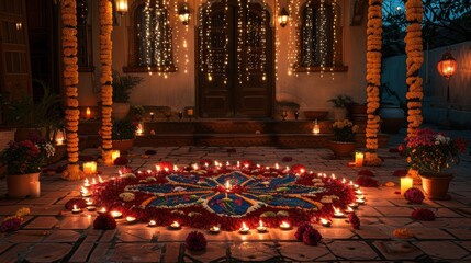Obraz premium Diwali Courtyard: Traditional Elegance with Rangoli, Diyas, and Fairy Lights