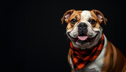 Obraz premium Happy bulldog dog, orange plaid bandana, black background, thanksgiving, promotion, banner, copy space, space for text