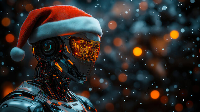 Futuristic Robot Wearing a Santa Hat on Transparent Background, Ideal for Modern Holiday Themed Projects 