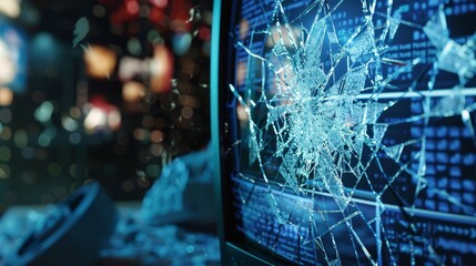 Close up of a shattered monitor with striking damage pattern and glitchy background effects
