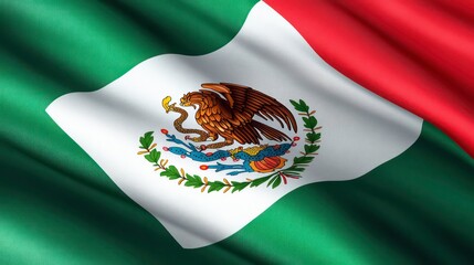 A close-up of the Mexican flag waving in the wind. The flag is made of green, white, and red with the national coat of arms in the center.
