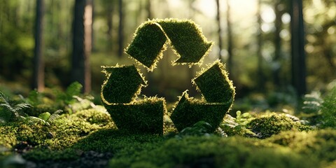 Recycle symbol made of moss in forest