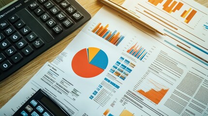 An overhead view of a desk with printed financial reports featuring pie charts and graphs, accompanied by a calculator and financial documents