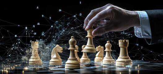 A hand moves a chess piece on a digital chessboard, symbolizing strategy and intellect.