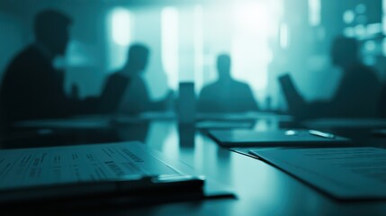 Blurred business meeting with focus on financial documents and pen, bright light, concept of analysis and strategy. Generative AI