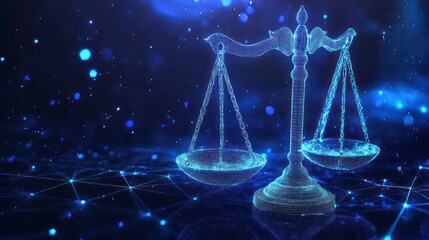 A digital representation of a scale of justice, glowing blue and on a dark background with connecting dots representing the digital world.