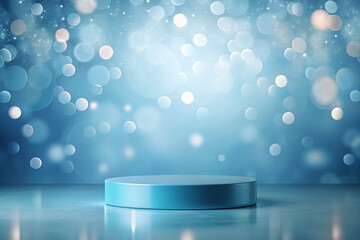 A Minimal podium stage on blue pastel light background with a circular platform, Mockup podium for product presentation. 3D rendering