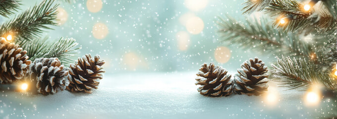 Background with pine cones and snow, Christmas lights in the background, pastel light green banner - Powered by Adobe