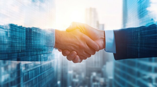 Business people handshake on city office building background in double exposure image showing success of partnership business deal. Concept of work agreement, trust partner, and corporate teamwork.