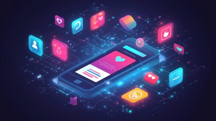 A digital smartphone surrounded by vibrant app icons, representing connectivity and interaction.